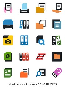 Color and black flat icon set - office binder vector, document search, receipt, folder, photo gallery, paper, tray, archive box, usb flash