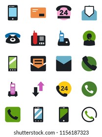 Color and black flat icon set - phone vector, mobile, office, 24 hours, cell, radio, mail, call, data exchange, support