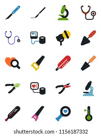 Color and black flat icon set - trowel vector, pruner, saw, stethoscope, blood pressure, thermometer, heart diagnostic, microscope, scalpel, microphone