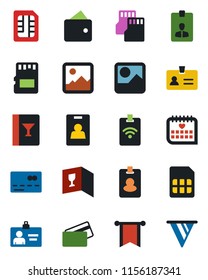 Color and black flat icon set - credit card vector, identity, medical calendar, gallery, sd, sim, wine, pass, wallet, pennon