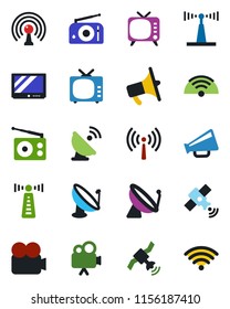 Color and black flat icon set - antenna vector, satellite, radio, loudspeaker, tv, video camera, wireless