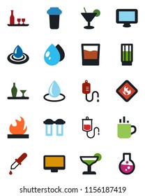 Color and black flat icon set - hot cup vector, water drop, dropper, flammable, monitor, alcohol, drink, cocktail, filter, flask