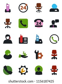 Color and black flat icon set - 24 around vector, office chair, phone, hours, support, speaker, radio, call, root setup, palm sproute