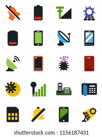 Color and black flat icon set - mobile phone vector, virus, satellite antenna, cell, low battery, back, sim, mute, cellular signal, office, sun panel