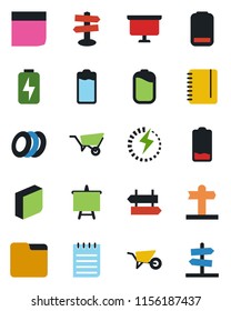 Color and black flat icon set - signpost vector, notepad, presentation board, wheelbarrow, battery, low, folder, charge, blank box, plates, guidepost