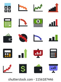 Color and black flat icon set - growth statistic vector, calculator, crisis graph, receipt, bar, wallet, cash, presentation