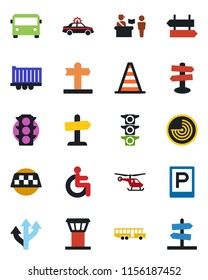 Color and black flat icon set - airport tower vector, taxi, bus, parking, passport control, signpost, alarm car, border cone, radar, helicopter, disabled, route, traffic light, truck trailer