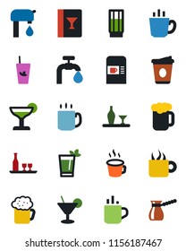Color and black flat icon set - hot cup vector, coffee machine, water supply, alcohol, wine card, drink, cocktail, phyto bar, beer, turkish