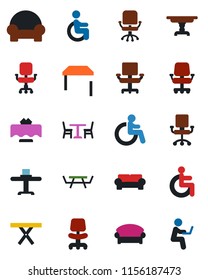 Color and black flat icon set - cafe vector, waiting area, disabled, office chair, picnic table, cushioned furniture, restaurant, man with notebook
