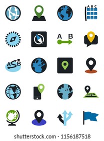Color and black flat icon set - globe vector, seat map, route, navigation, earth, pin, mobile tracking, network, place tag, compass, flag