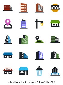 Color and black flat icon set - taxi vector, shop, office building, garden light, navigation, store, city house, cafe