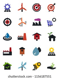 Color and black flat icon set - factory vector, bird house, target, sun panel, windmill, eco, water, palm sproute