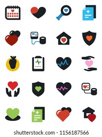 Color and black flat icon set - heart vector, pulse, diagnosis, blood pressure, diagnostic, shield, hand, real, medical calendar, clipboard, sweet home