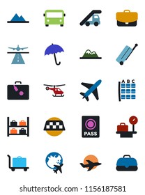 Color and black flat icon set - plane vector, runway, taxi, suitcase, baggage trolley, airport bus, umbrella, passport, ladder car, helicopter, seat map, luggage storage, scales, globe, mountains