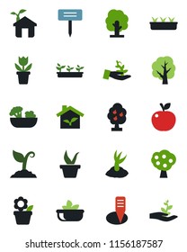 Color and black flat icon set - flower in pot vector, seedling, tree, sproute, plant label, fruit, salad, apple, eco house, palm