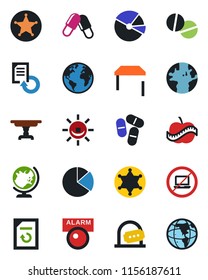 Color and black flat icon set - no laptop vector, ticket office, globe, document reload, pills, diet, earth, pie graph, table, police, alarm led