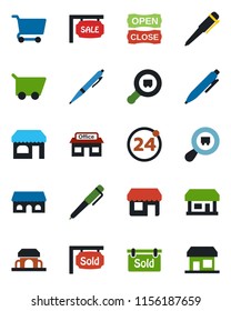 Color and black flat icon set - 24 around vector, shop, pen, store, search cargo, sale, sold signboard, cafe building, open close, cart, storefront