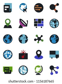 Color and black flat icon set - satellite antenna vector, bomb in case, globe, plane, earth, pin, consolidated cargo, network, share, news, social media