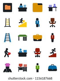 Color and black flat icon set - manager vector, desk, place, ladder, folder, career, cook, office chair, case