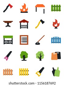 Color and black flat icon set - fence vector, tree, saw, fire, hoe, axe, abacus, table, alcove, cutting board