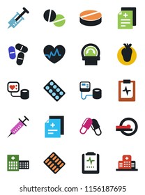 Color and black flat icon set - heart pulse vector, diagnosis, syringe, blood pressure, pills, blister, tomography, real, clipboard, hospital