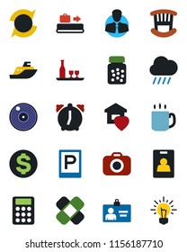 Color and black flat icon set - baggage conveyor vector, parking, identity card, dollar sign, rain, pills bottle, patch, client, sea shipping, vinyl, camera, alarm, update, coffee, calculator, idea