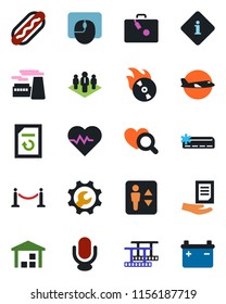 Color and black flat icon set - fence vector, suitcase, elevator, plane, mouse, document, factory, reload, heart pulse, diagnostic, warehouse, film frame, flame disk, microphone, root setup, company