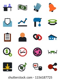 Color and black flat icon set - no smoking vector, glove, blood pressure, network, chain, mail, user, bell, download, music, clipboard, point graph, manager desk, house with garage, water supply