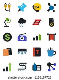 Color and black flat icon set - growth statistic vector, dollar sign, rain, drip irrigation, molecule, office phone, 24 hours, radio, remote control, paper pin, rca, desk lamp, tray, wine card