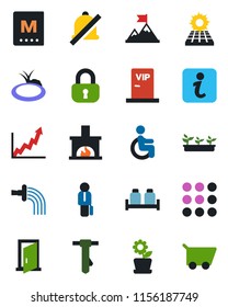 Color and black flat icon set - tie vector, watering, seedling, pond, disabled, menu, mute, manager, sun panel, lock, fireplace, flower in pot, salt and pepper, vip zone, door, information, cart