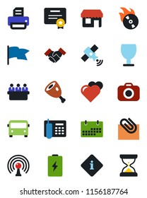 Color and black flat icon set - airport bus vector, meeting, printer, heart, fragile, flame disk, camera, antenna, satellite, calendar, paper clip, office phone, handshake, ham, information, battery