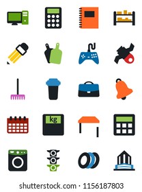 Color and black flat icon set - calendar vector, rake, scales, satellite, traffic light, rack, gamepad, calculator, bell, case, copybook, pencil, table, plates, cutting board, pc, water filter