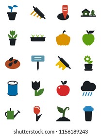 Color and black flat icon set - flower in pot vector, seedling, watering can, sproute, rain, plant label, pumpkin, seeds, tulip, oil barrel, house with tree, rolling pin, apple fruit, water filter