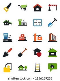Color and black flat icon set - barrier vector, airport building, office, trowel, shovel, ladder, wheelbarrow, saw, hospital, house, with garage, tree, plan, estate document, sweet home, crane