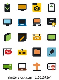 Color and black flat icon set - identity vector, notebook pc, pulse clipboard, signpost, monitor, laptop, folder, notes, photo gallery, blank box, sale, pass card, certificate