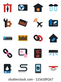 Color and black flat icon set - plane radar vector, security gate, drip irrigation, barcode, chain, root setup, air conditioner, smart home, water heater, intercome, control app, filter, sprinkler
