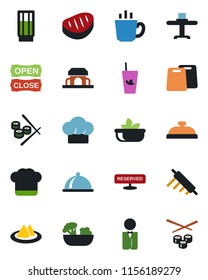 Color and black flat icon set - waiter vector, dish, restaurant table, serviette, cook hat, reserved, reception, drink, phyto bar, coffee, salad, cafe building, open close, steak, rolling pin, sushi