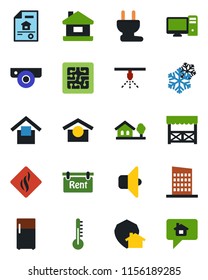 Color and black flat icon set - warehouse storage vector, house, with tree, estate document, rent, city, alcove, chip, power plug, web camera, snowflake, pc, smoke detector, thermometer, sound