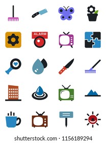 Color and black flat icon set - flower in pot vector, rake, butterfly, plant label, heart diagnostic, tv, settings, application, mountains, city house, coffee, knife, water, alarm led
