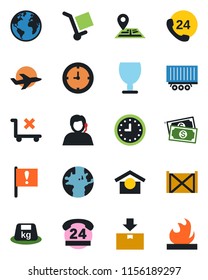 Color and black flat icon set - navigation vector, earth, important flag, plane, cash, 24 hours, support, truck trailer, clock, container, fragile, cargo, warehouse storage, no trolley, package