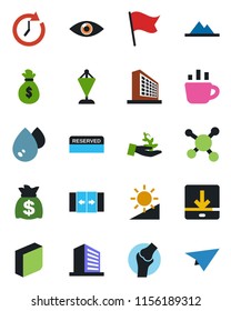 Color and black flat icon set - automatic door vector, office building, pennant, money bag, coffee, eye, joint, molecule, download, brightness, blank box, mountains, reserved, water, palm sproute