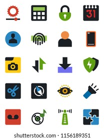 Color and black flat icon set - antenna vector, phone back, protect, user, calculator, record, calendar, data exchange, download, torch, brightness, cut, compass, lock, eye id, fingerprint, music
