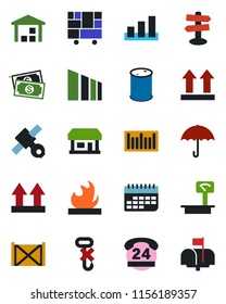 Color and black flat icon set - signpost vector, store, satellite, cash, 24 hours, term, container, consolidated cargo, umbrella, up side sign, no hook, warehouse, sorting, flammable, oil barrel