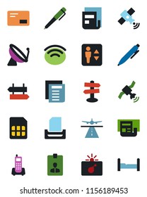 Color and black flat icon set - runway vector, satellite antenna, elevator, signpost, bomb in case, identity card, pen, document, office phone, mail, sim, wireless, news, paper tray, bedroom