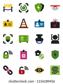 Color and black flat icon set - bomb in case vector, identity, border cone, safe, card, chain, protect, face id, eye, stamp, estate insurance, vip zone, wireless lock, sprinkler, fingerprint