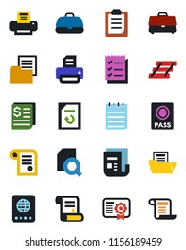 Color and black flat icon set - passport vector, notepad, document reload, printer, contract, receipt, folder, news, clipboard, case, search, checklist, paper tray, certificate