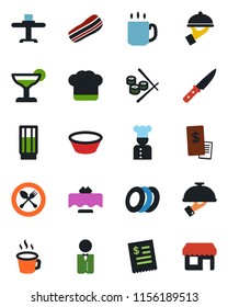 Color and black flat icon set - spoon and fork vector, coffee, waiter, cook, restaurant table, hat, drink, cocktail, plates, bacon, receipt, bowl, knife, sushi, storefront