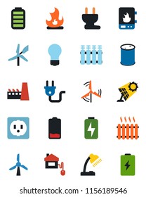Color and black flat icon set - bulb vector, fire, oil barrel, battery, low, charge, desk lamp, windmill, heater, factory, home control, socket, power plug, water, radiator, sun panel