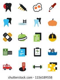 Color and black flat icon set - plant label vector, pumpkin, diagnosis, dropper, patch, ambulance car, barbell, lungs, tooth, caries, pulse clipboard, diet, hospital, pool, rolling pin, omelette