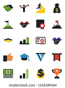 Color and black flat icon set - dispatcher vector, growth statistic, dollar sign, graduate, money bag, finger up, sertificate, bar graph, handshake, career ladder, motivation, pennon, cash